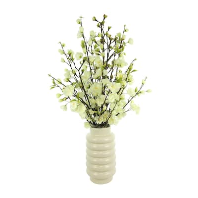 Cherry Blossoms Arranged in Ridged Ceramic Vase - White, Cream