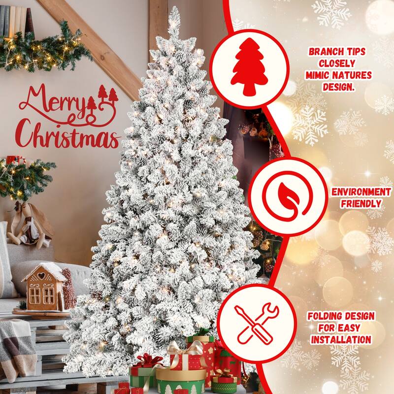 7.5FT Flocked Christmas Tree with 550 UL Lights and 49 Natural Pine Cones-Snowy PVC Tips, 1474 Tips, Hinged Structure