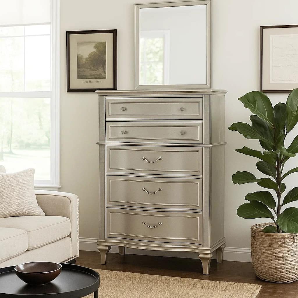 Inz 60 Inch 6 Drawer Tall Dresser Chest, Elegant Trim, Classic Silver