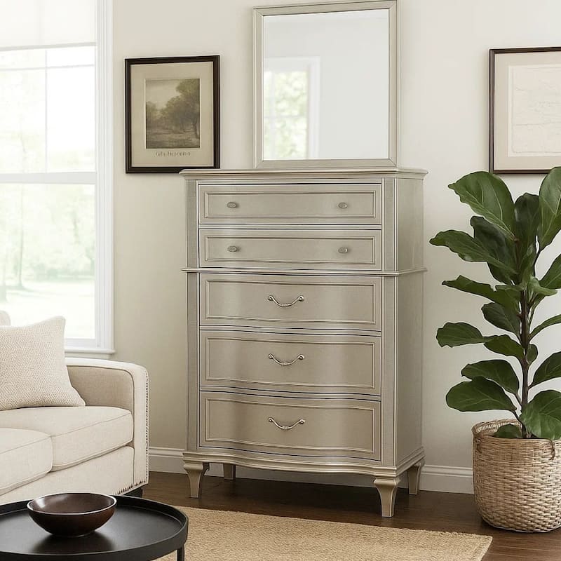 Inz 60 Inch 6 Drawer Tall Dresser Chest, Elegant Trim, Classic Silver