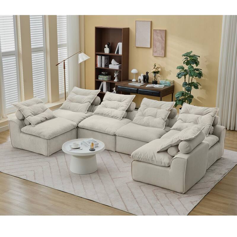 U Shaped Modular Couch for Living Room, 132" Corduroy Upholstered Sofa, Modern Neck Pillow-Back Lounge Couches
