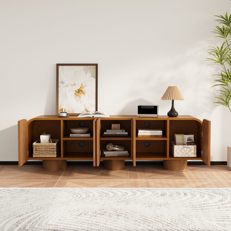 71" Mid Century TV Stands, Solid Wood Veneer, Fully Assembled Media Console, 4 Cabinets