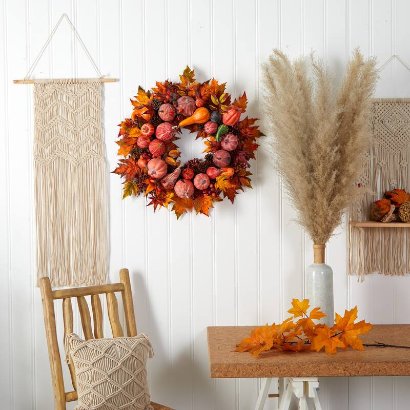 Autumn Harvest Maple Berries and Pinecones Wreath, 28-Inch, Unlit