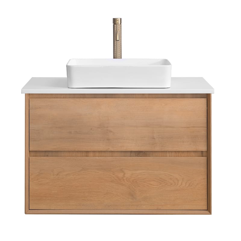 36"48"60"72"84" Floating Bathroom Vanity Quartz Counter Top with Round Ceramic Vessel Sink - Square Sink