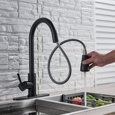 Matte Black Pull Out Spray Kitchen Sink Faucet Commercial Swivel Tap W/Plate - 7'9" x 10'10"