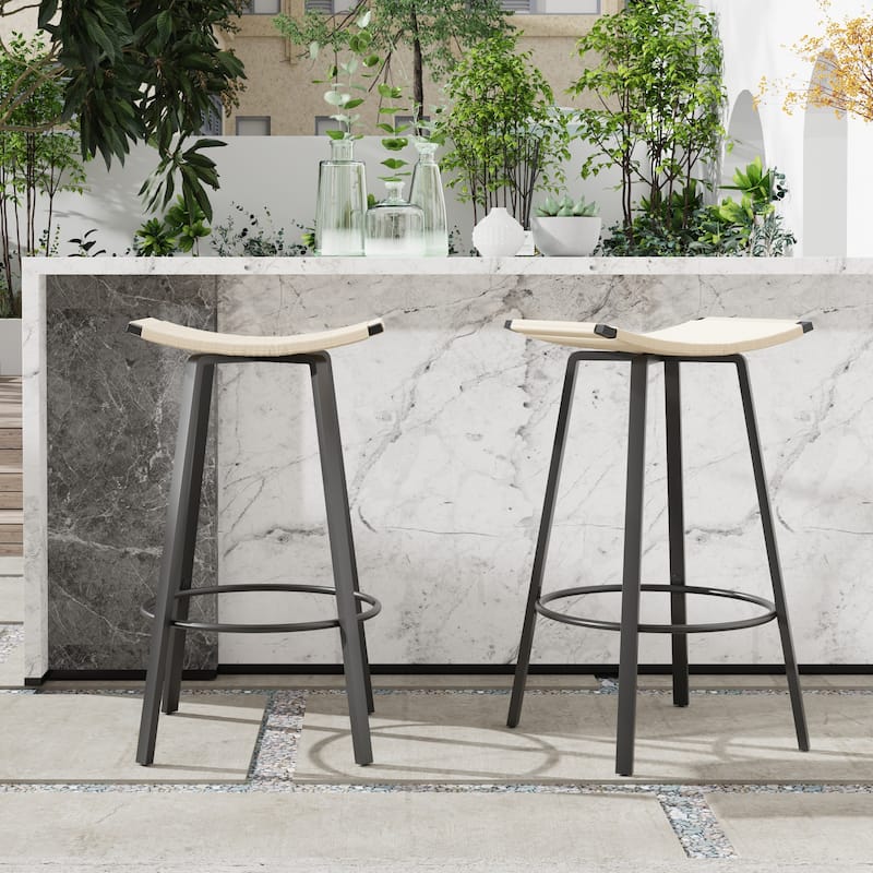 Counter Height Bar Stools Backless Handwoven Kitchen Dining Chairs with Round Footrest Set of 2 PVC Weaving Pub Stool