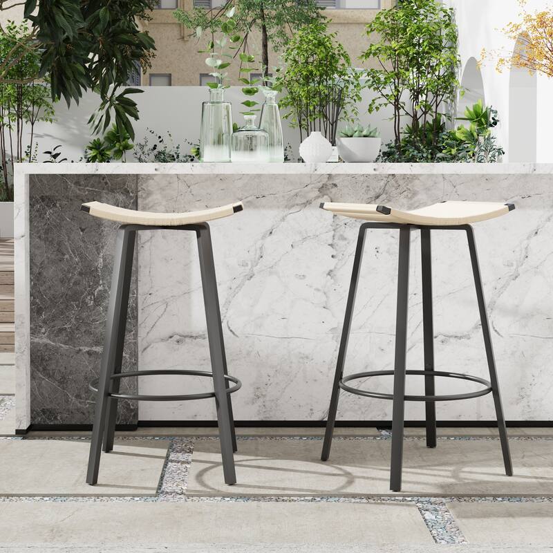 Set of 2 Backless Handwoven PVC Bar Stools with Round Footrest, Counter Height Pub Stools Indoor/Outdoor - Black & Creamy White