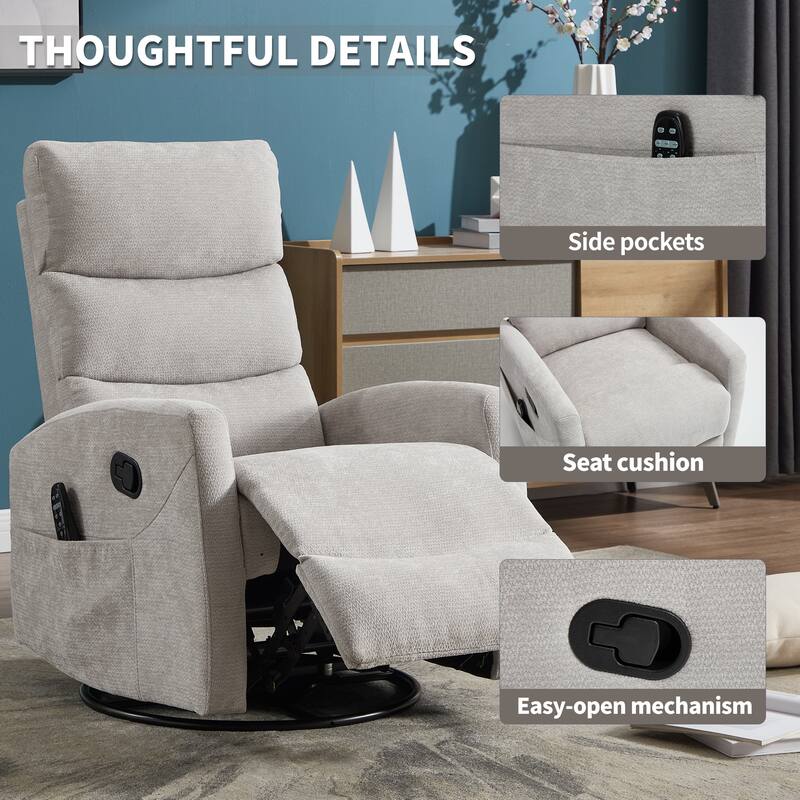 Roomfitters Manual Rocker Swivel Recliner Chair with Heat and Massage Fabric Glider Lounge Sofa for Living Room