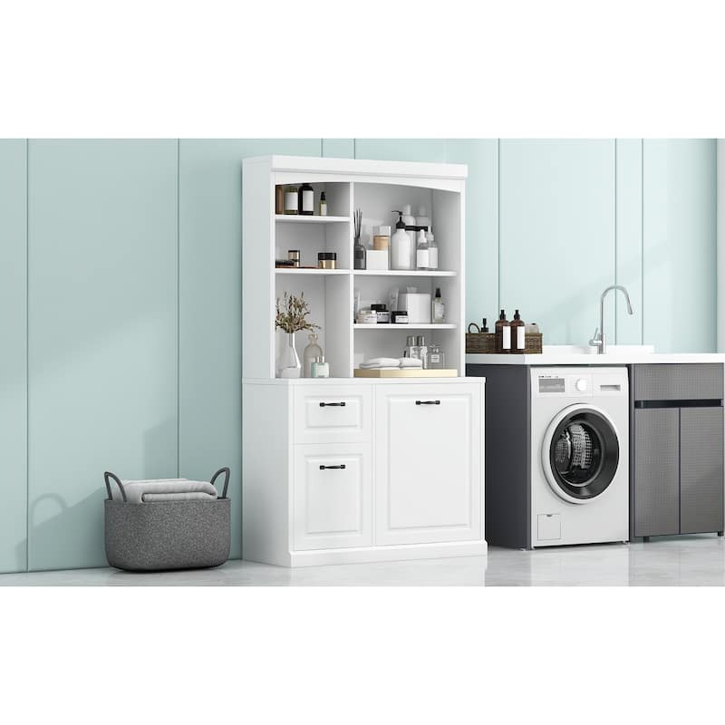 White MDF Tall Bathroom Cabinet with Tilt-Out Hamper and Adjustable Shelves - 39.3” W × 16.50” D × 70.9” H