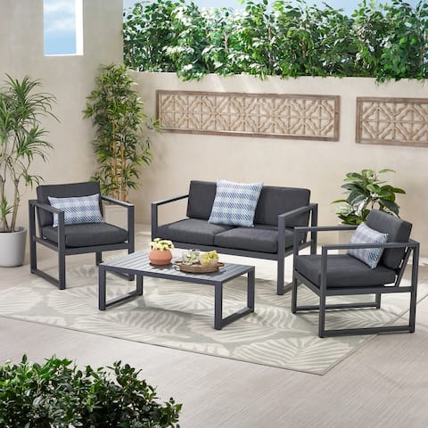 Navan Outdoor 4-piece Aluminum Conversation Set with Grey Cushions by Christopher Knight Home