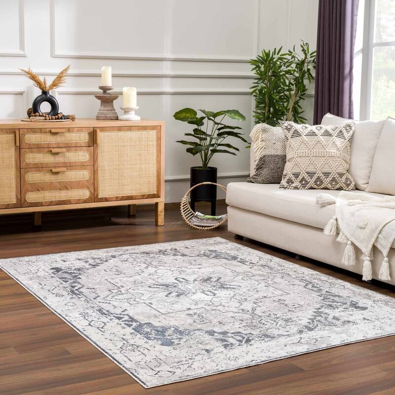 Hauteloom Manhattan Machine Washable Oriental Persian Medallion Vintage Distressed Area Rug - 2' x 3' - Ivory, Blue, Light Blue / Hera