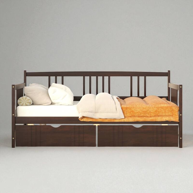 Twin Size Wood Daybed with 2 Storage Drawers, Solid Pine Frame Platform Sofa Bed with Slats