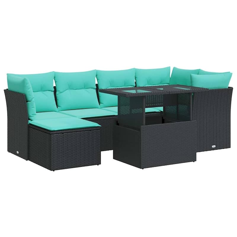 vidaXL 7 Piece Patio Sofa Set with Cushions Black Poly Rattan Acacia - 21.7 x 24.4 x 27.2