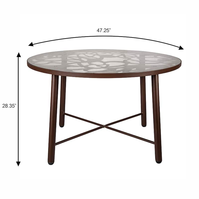 Devon Outdoor Round Aluminum Patio Dining Table with Floral Cutout Design, Tempered Glass Tabletop for Garden or Living Room