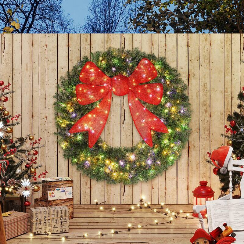 HOMCOM 48in Pre-Lit Xmas Wreath: 200 LED, 11 Modes, Remote, 3D Bow, Indoor/Outdoor