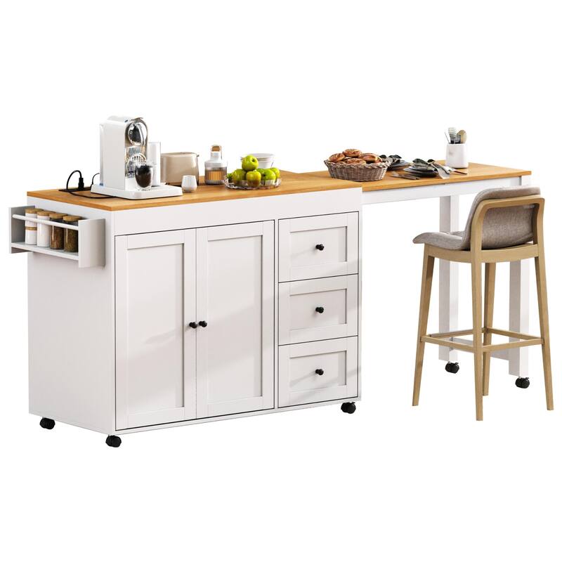 Roomfitters 74.8" Rolling Kitchen Island with Extendable Dining Table, Mobile Cart with Power Outlet, 3 Drawers & Racks