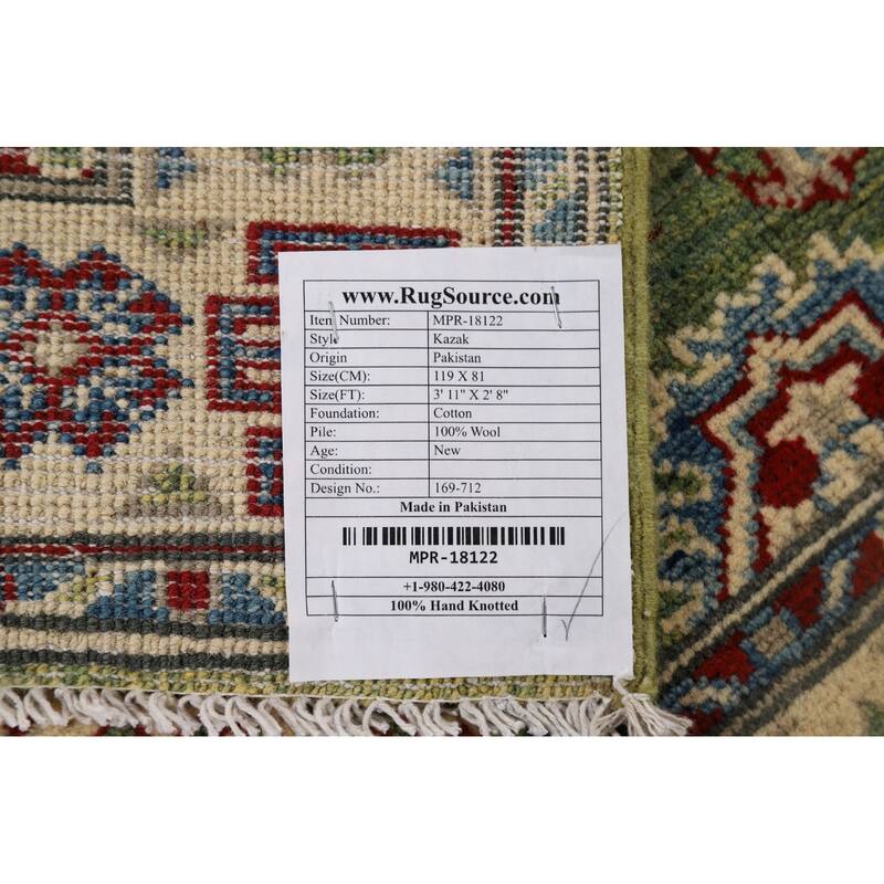 Green Kazak Accent Rug Handmade Oriental Wool Carpet - 2'8" x 3'11"