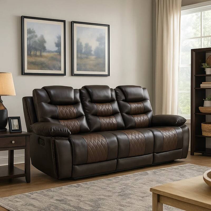 Asher 85 Inch Sofa with Dual Recliners, Brown Faux Leather Upholstery - Brown, Silver