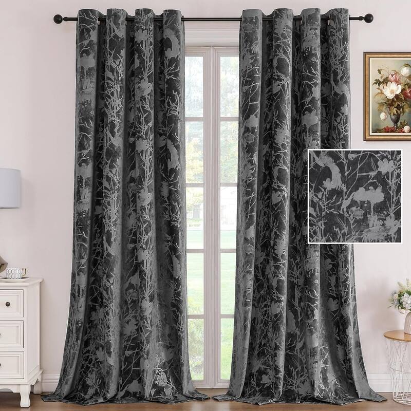 Bedroom Thermal Insulating Birds and Lotus Floral Pattern Curtains 96 Inches - Lotus-dark Gray
