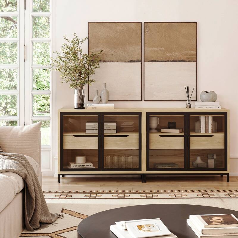 Mackenna Metal and Glass Sideboard Accent Cabinet with Two Doors, Oak Credenza for Kitchen or Living Room