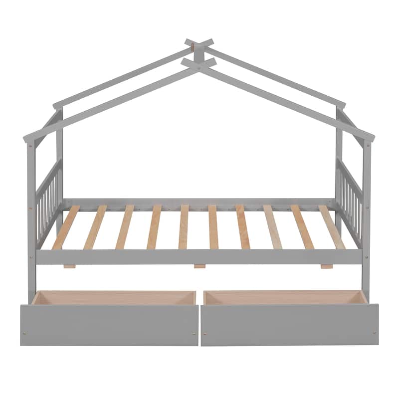 Kids' Twin/Full Wooden House Bed with Drawers, House-Shaped Frame, and Pine Wood Construction