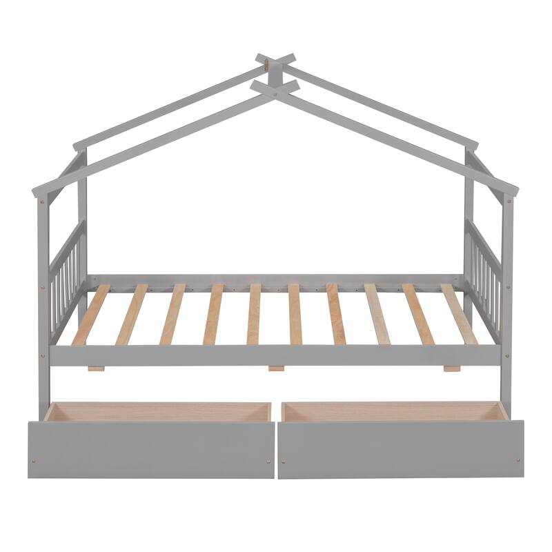 Twin Size Wooden House Bed with Drawers, Kids House-Shaped Daybed with Roof and Storage, Pinewood Frame, No Box Spring Needed