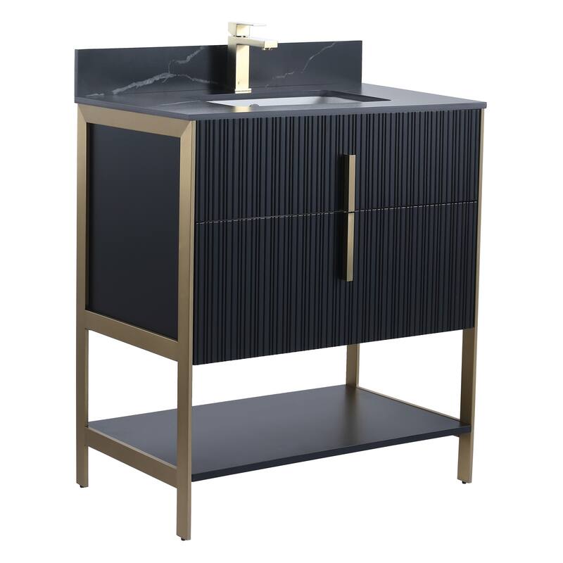 Fine Fixtures Serenity Modern Bathroom Vanity with Black Sintered Stone Top - Black Matte - Brass Hardware - 30 inch