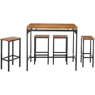 5 Piece Wooden Bar Table and Bar Stools with Metal Legs, Brown and Black
