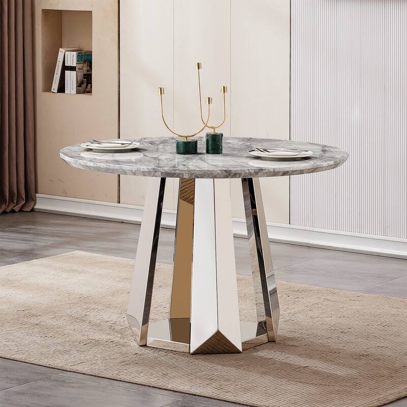 47" Round Dining Table with Faux Marble Tabletop and Stainless Steel Base - Gray+Silver