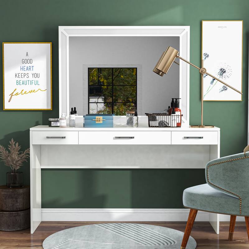 Roseanne Glam Luminous White 3-Drawer LED Wooden Vanity Set with USB by Furniture of America