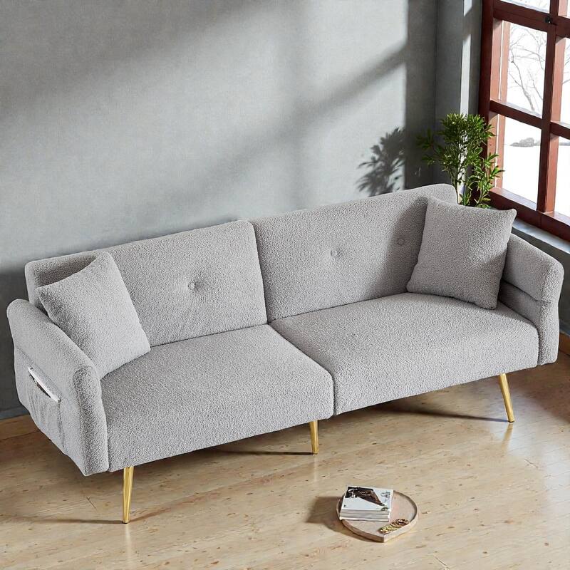 Modern Teddy Loveseat Sofa with Side Pocket, Folding Sleeper Sofa Bed with Adjustable Backrest and Golden Metal Legs - Grey