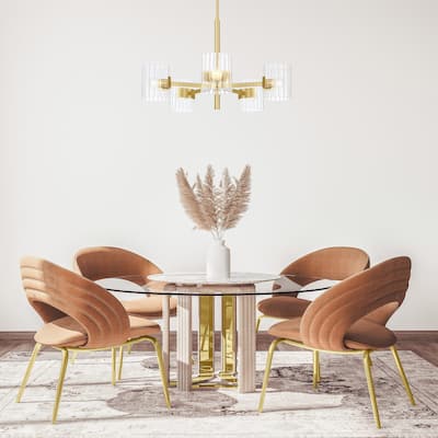 Aries 28 in. 5-Light Brushed Gold Transitional Chandelier with Ribbed Glass Shades