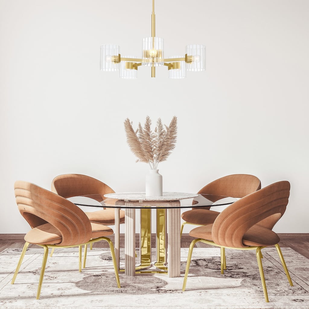 Aries 28 in. 5-Light Brushed Gold Transitional Chandelier with Ribbed Glass Shades