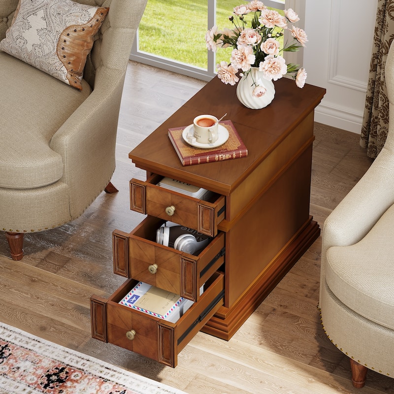Narrow End Table with 3 Drawers, 19.69''D Vintage Sofa Side Table