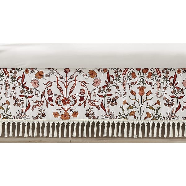 slide 2 of 2, Sweet Jojo Designs Ivory and Orange Boho Vintage Floral Girl Crib Bed Skirt Bohemian Rust Daisy Botanical Flower Green Fringe