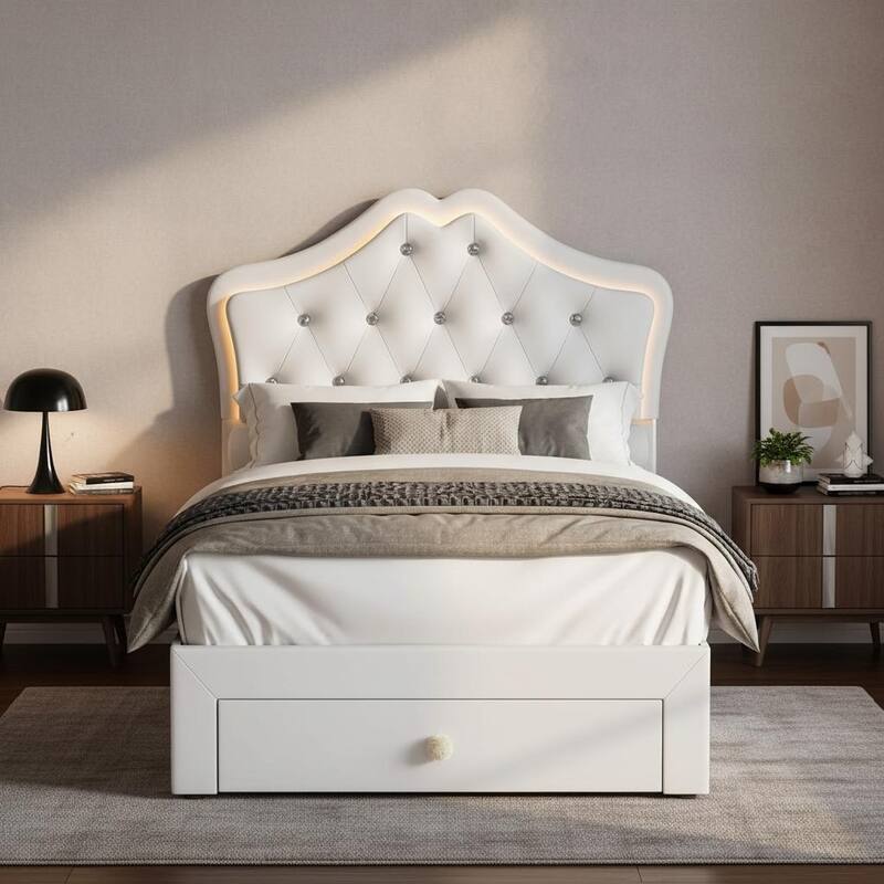 Bed Frame, with LED Lights and Storage Drawer - Beige