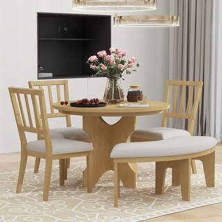 5-piece Rustic Charm Round Dining Set with 3 Upholstered Chairs and Curved Bench for Dining Room, Kitchen and Living room