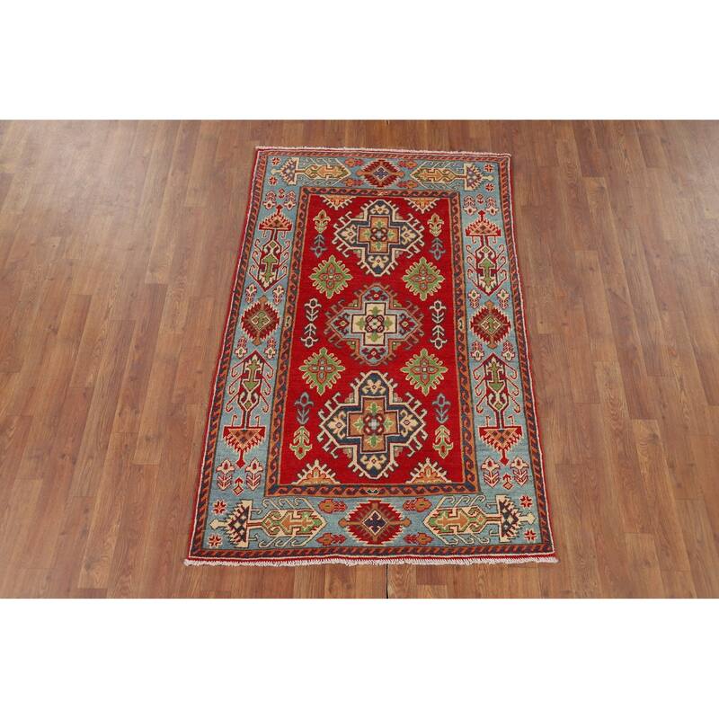 Geometric Red Kazak Accent Rug Hand-Knotted Wool Carpet - 3'2" x 4'11"