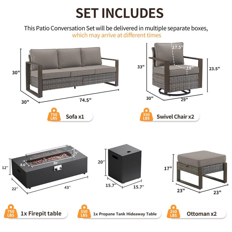 Pocassy Outdoor Sofa Swivel Chair Ottoman w/ 43" Fire Pit Set