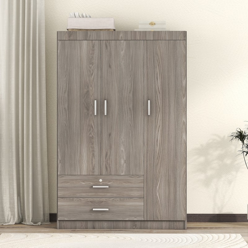 3-Door Wardrobe with 2 Drawers, Wood Grain Effect, Freestanding Wardrobe Cabinet for Bedroom