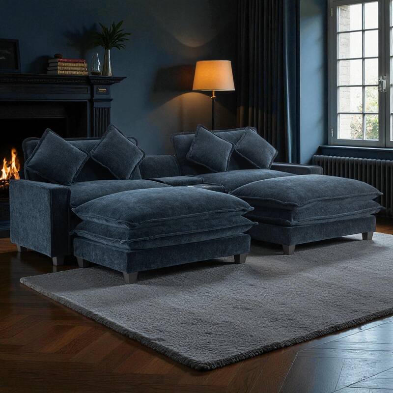 111" Chenille Upholstered Sectional Sofa with 2 Ottomans, USB Ports, Cup Holders and Storage Box for Living Room