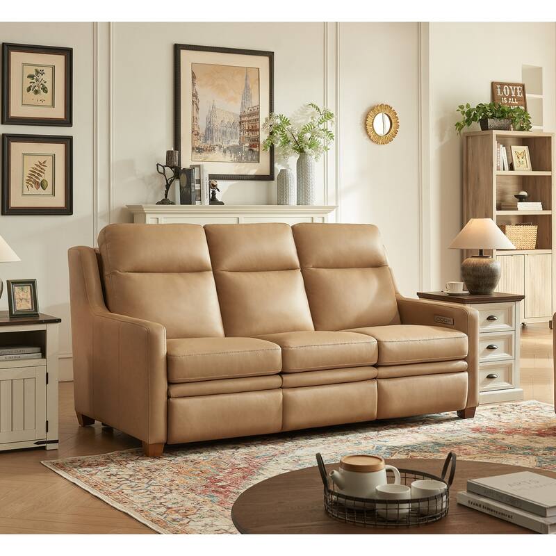 Genuine Leather Recliner Sofa 78" Triple-Motor Power Zero-Wall Reclining 3-Seat Sofa with USB&USB-C Port - Almond
