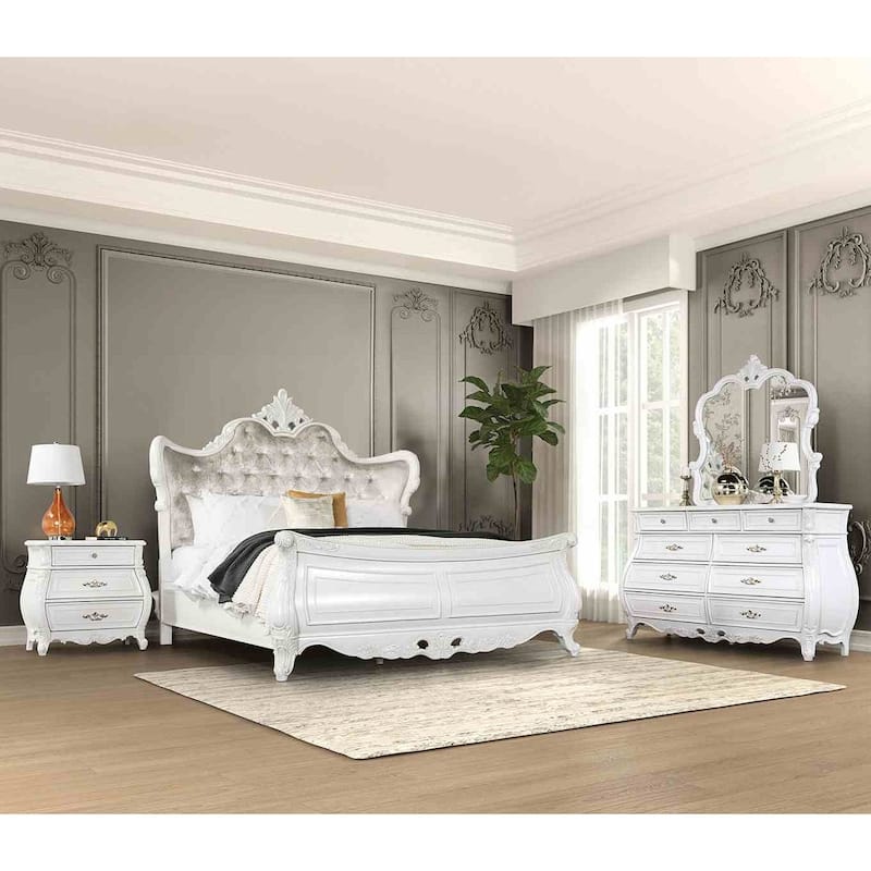 Formal Traditional White Finish 4pc Bedroom Set Tufted Bed Dresser Mirror Nightstand Chest