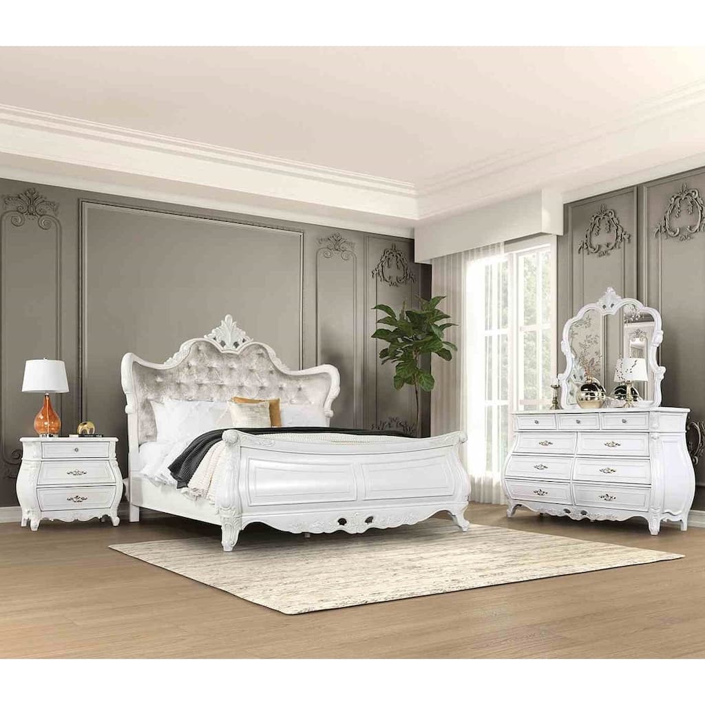 Formal Traditional White Finish 4pc Bedroom Set Tufted Bed Dresser Mirror Nightstand Chest