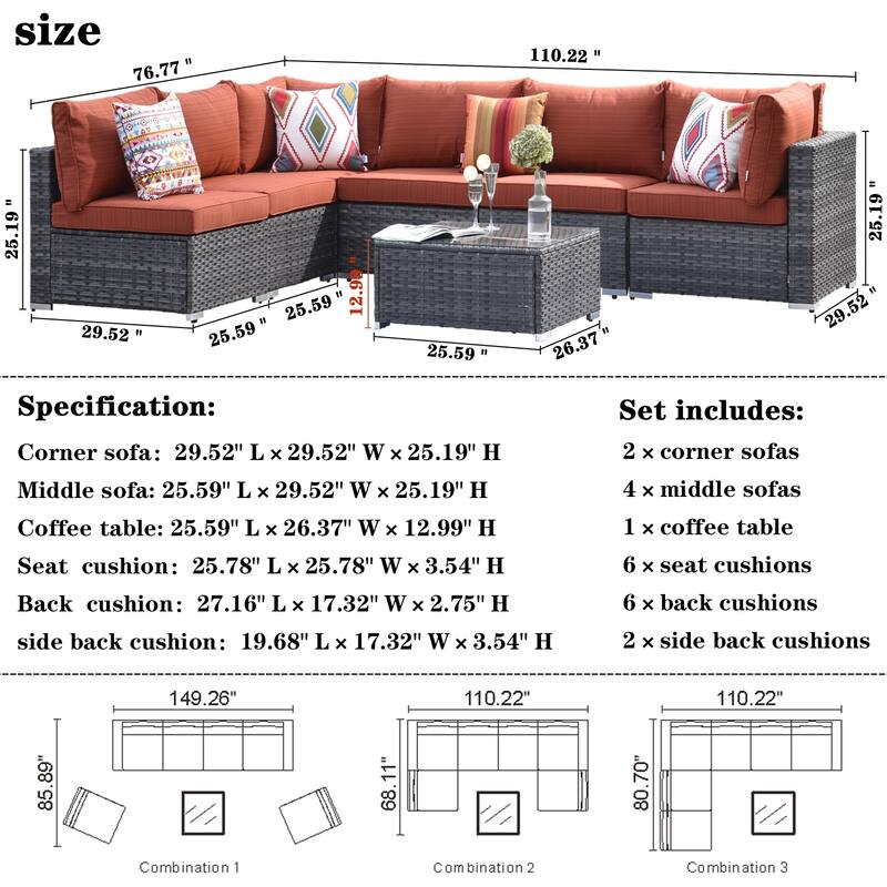 OVIOS Deep Seat Wicker 7-piece Sectional Set