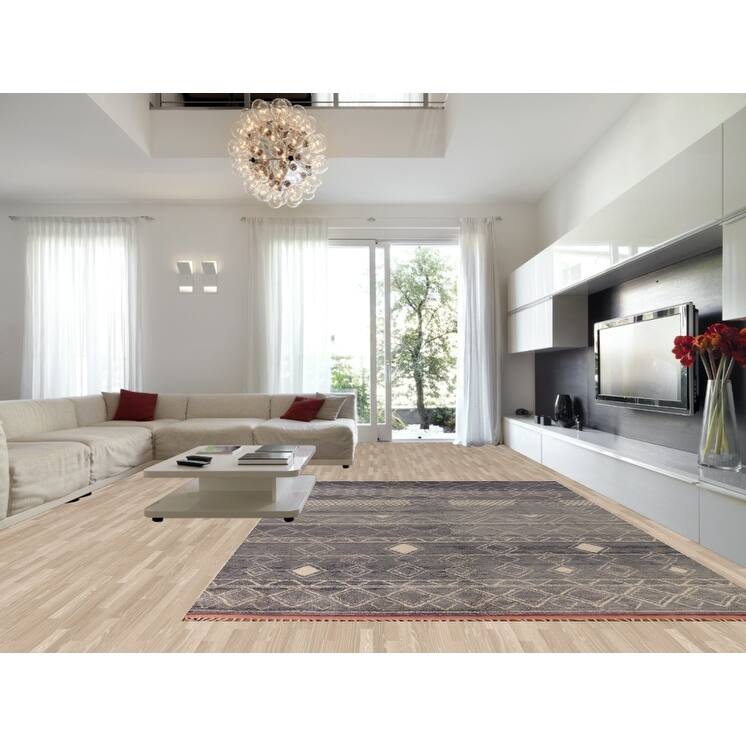 Grey Trellis Moroccan Style Large Rug Hand-Knotted Wool Carpet - 9'11" x 14'7"