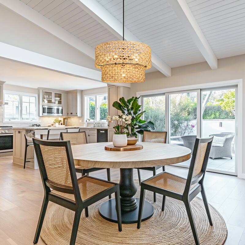Ravy Farmhouse 6-Light Drum Rattan Chandelier Coastal Natural Pendant Light for Kitchen Dining Room - Dia. 26" x H 15.7"