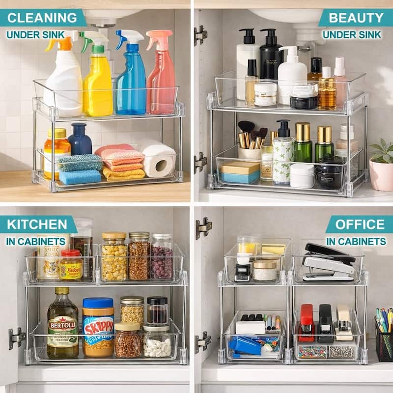 Sorbus 2-Tier Pull-Out Office Organizers, 2 Pack Clear Desk & Office Supply Storage Drawers, Office Organization Bins