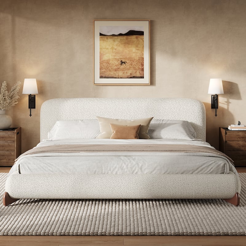 Christopher Knight Home - Oberon Boucle Upholstered Platform Bed with Thick Headboard and Solid Wood Legs