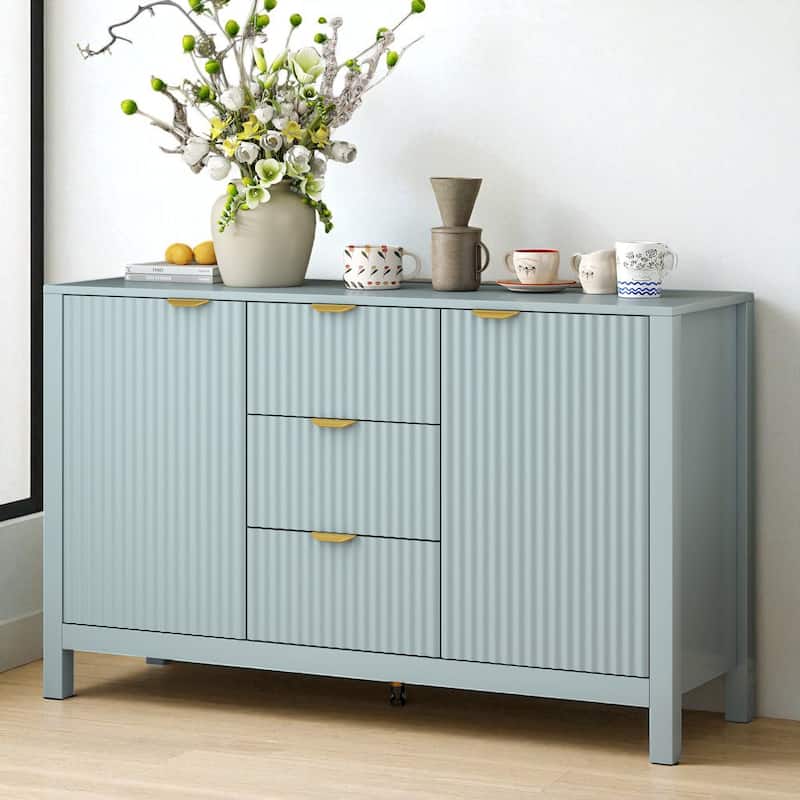 Wave Pattern Sideboard Cabinet with 3 Drawers, Soft-Close Doors & Adjustable Shelves, Entryway Storage Console